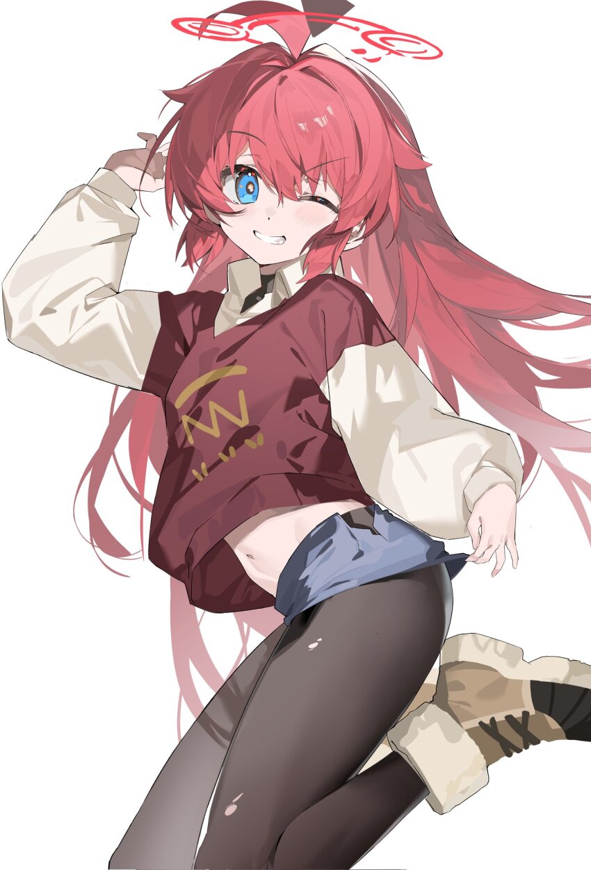 1girl b_zhan_cm_yang black_pantyhose blue_archive blue_eyes boots brown_boots hair_between_eyes hair_down halo highres long_hair looking_at_viewer maki_(blue_archive) maki_(camp)_(blue_archive) navel official_alternate_costume official_alternate_hairstyle pantyhose red_hair red_halo simple_background solo very_long_hair white_background