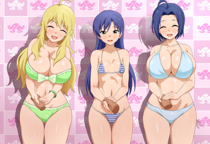 3boys 3girls absurdres ahoge bikini blonde_hair blue_bikini blue_hair breasts brown_eyes closed_eyes commentary_request cowboy_shot disembodied_hand facing_viewer gluteal_fold green_bikini green_eyes handshake highres hoshii_miki idolmaster idolmaster_(classic) kisaragi_chihaya large_breasts large_variant_set long_hair looking_at_viewer miura_azusa multiple_boys multiple_girls navel open_mouth purple_eyes short_hair side-by-side small_breasts smile standing string_bikini swimsuit variant_set white_bikini yagiyama_hituzi
