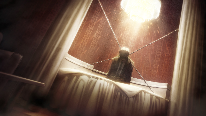 1boy armchair bed_sheet black_jacket black_pants blue_necktie bound bound_legs bound_thighs brown_jacket brown_suit chair chandelier chaos;child collared_shirt curtains faceless faceless_male facing_down formal_clothes game_cg highres imminent_death jacket kakita_hironori kneeling lapels necktie non-web_source notched_lapels official_art on_bed pants round_bed sasaki_mutsumi shirt short_hair solo strangling suit white_shirt