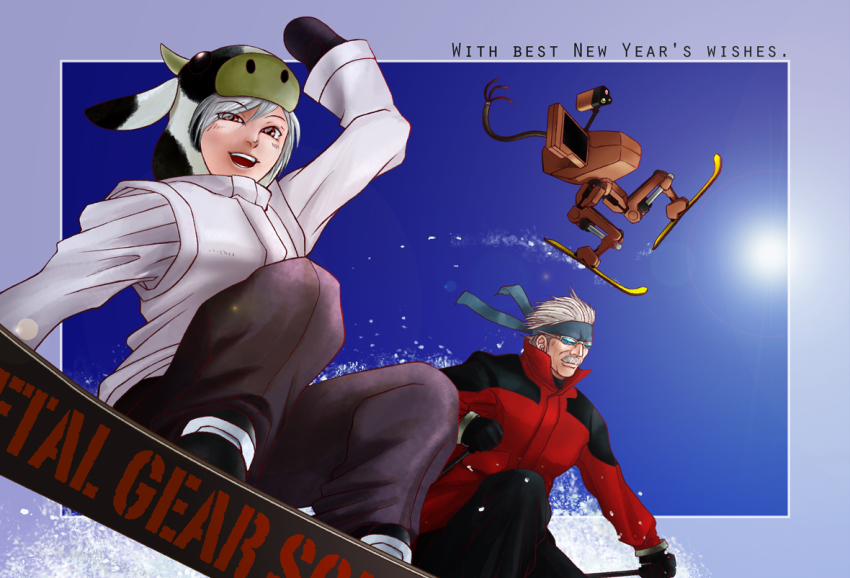 1boy 1girl animal_ears brown_eyes cow_ears cow_hood facial_hair fake_animal_ears gradient_background grey_hair headband metal_gear_(series) metal_gear_mk._ii metal_gear_solid_4:_guns_of_the_patriots mittens mustache old_snake ray_k robot skiing skis snowboard solid_snake sunglasses sunny_emmerich winter_clothes