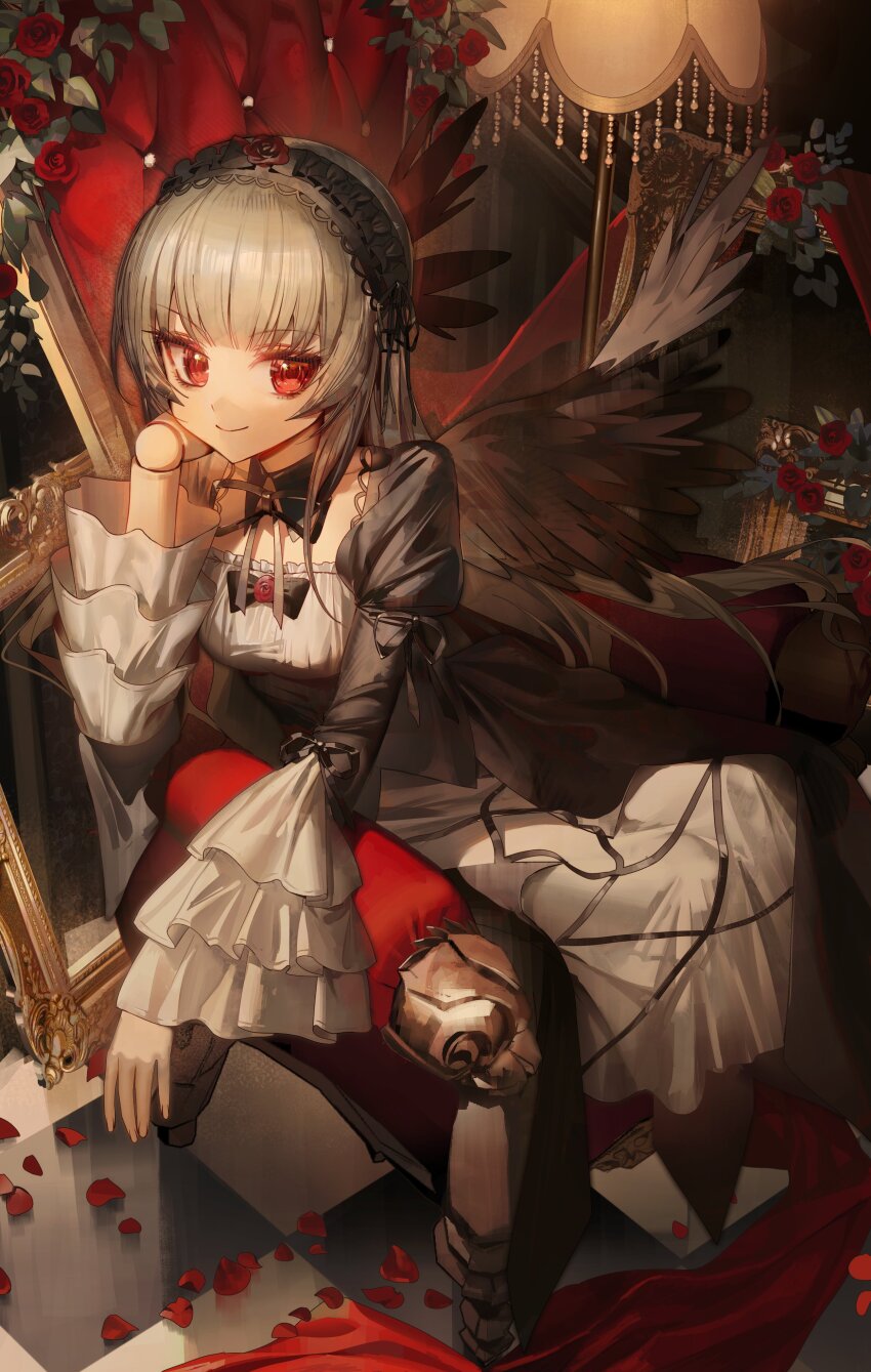 1girl absurdres armchair black_dress black_hairband black_ribbon black_wings brooch chair closed_mouth cushion detached_collar doll_joints dress elbow_rest feathered_wings flower flower_brooch frilled_hairband frills gothic_lolita grey_hair hairband highres indoors jewelry joints juliet_sleeves lamp layered_sleeves lolita_fashion lolita_hairband long_hair long_sleeves looking_at_viewer paldu petals portrait_(object) puffy_sleeves red_eyes red_flower red_petals red_rose ribbon rose rose_petals rozen_maiden sitting smile solo suigintou tile_floor tiles white_dress wings