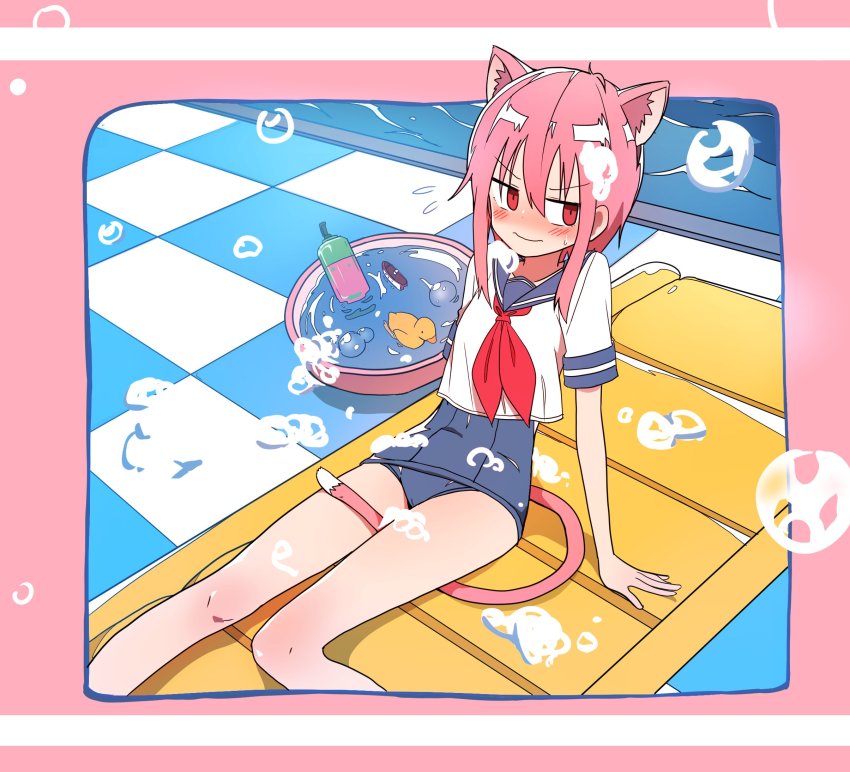1girl animal_ears arm_support between_legs blush bural_chingu cat_ears cat_tail female_focus highres inflatable_raft lee_ji-eun_(bural_chingu) looking_to_the_side luke_(dydansgur) nose_blush out_of_frame outside_border pink_background pink_hair red_eyes rubber_duck school_swimsuit school_uniform shampoo short_hair short_hair_with_long_locks sidelocks sitting soap_bubbles solo swimsuit swimsuit_under_clothes tail tail_between_legs washtub wavy_mouth