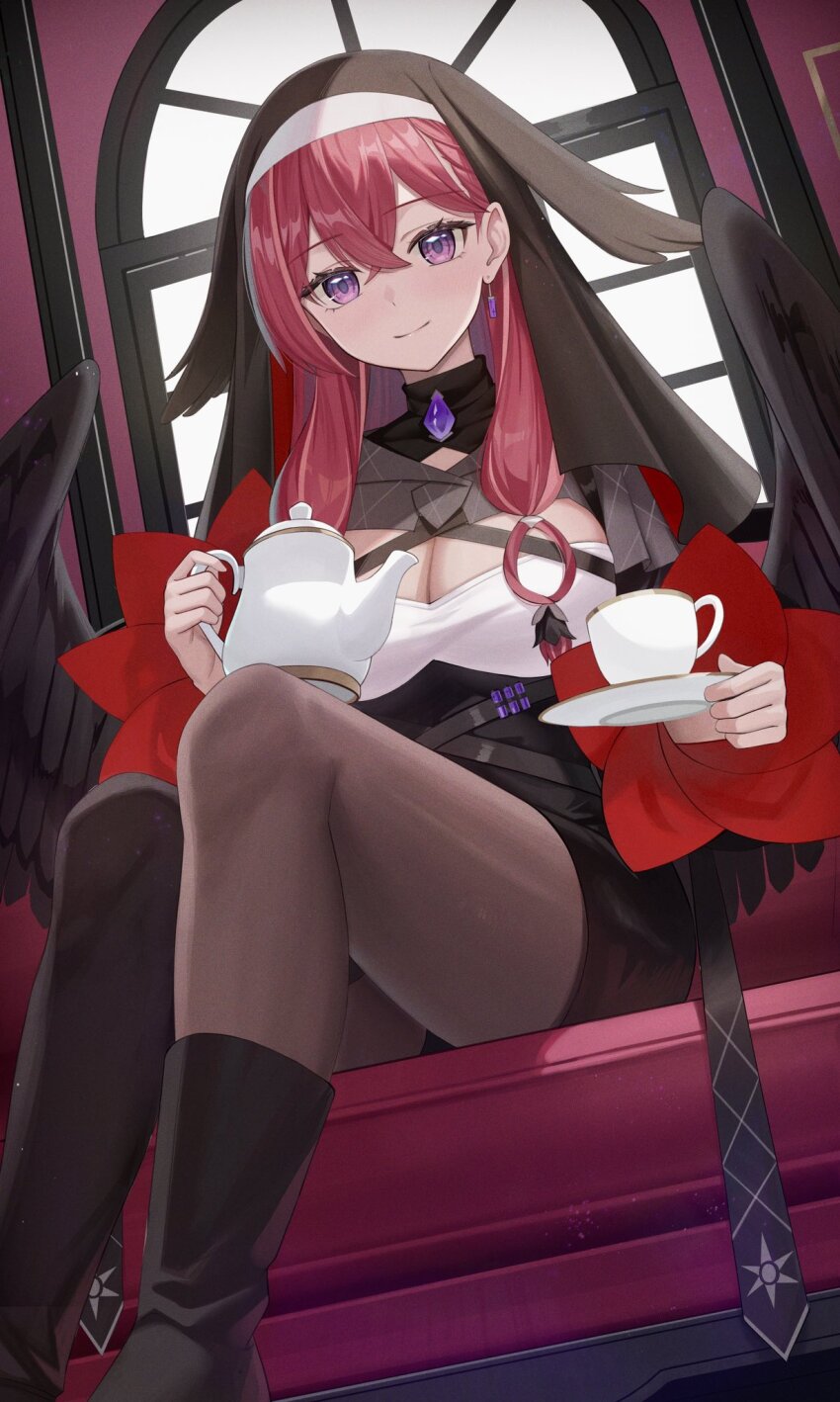 1girl black_boots black_coif black_dress black_pantyhose black_romper black_wings boots breasts cleavage cleavage_cutout closed_mouth clothing_cutout coif couch covering_breasts covering_privates criss-cross_straps cup dress earrings gem hair_between_eyes head_wings high-waist_shorts highres holding holding_cup impossible_hair jewelry konkon_aria large_breasts long_hair long_sleeves looking_at_viewer low_wings neo-porte nun on_couch pantyhose purple_eyes purple_gemstone red_hair romper shakkiyi shirt shorts sidelocks sitting solo teacup virtual_youtuber white_shirt wings