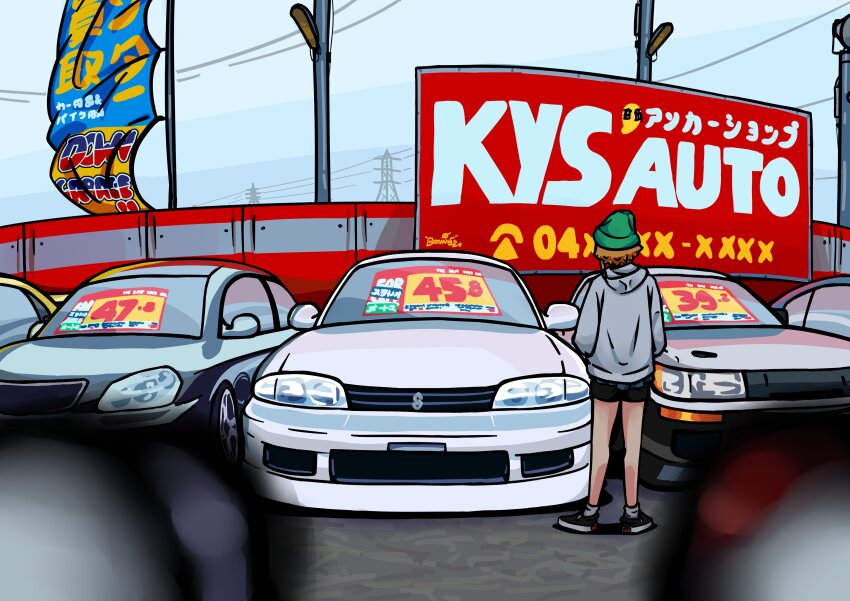 1girl absurdres black_shorts blonde_hair blurry blurry_foreground car car_dealership commentary duz english_commentary furuda_keiko_(duz) grey_hoodie highres hood hood_down hoodie motor_vehicle nissan nissan_silvia nissan_silvia_s13 nissan_skyline nissan_skyline_r33 original outdoors parking_lot short_hair shorts solo vehicle_focus vehicle_request