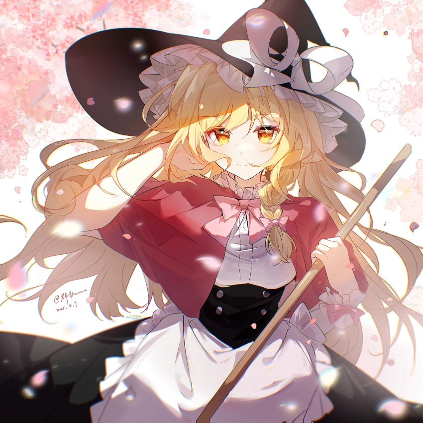 1girl apron blonde_hair blush bow braid cherry_blossoms dress hair_bow hat hat_bow highres kirisame_marisa long_hair ribbon short_hair short_sleeves single_braid skirt smile solo tenten_(tianbixia) touhou witch_hat yellow_eyes