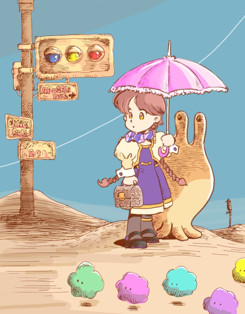 1girl :o alien apocalypse_hotel ascot braid brown_eyes commentary desert highres holding holding_umbrella jacket long_skirt looking_back low_twin_braids parasol pink_hair purple_ascot road_sign sabaoyaji shirt sign skirt sleeve_cuffs toolbox traffic_light twin_braids umbrella yachiyo_(apocalypse_hotel) yellow_jacket
