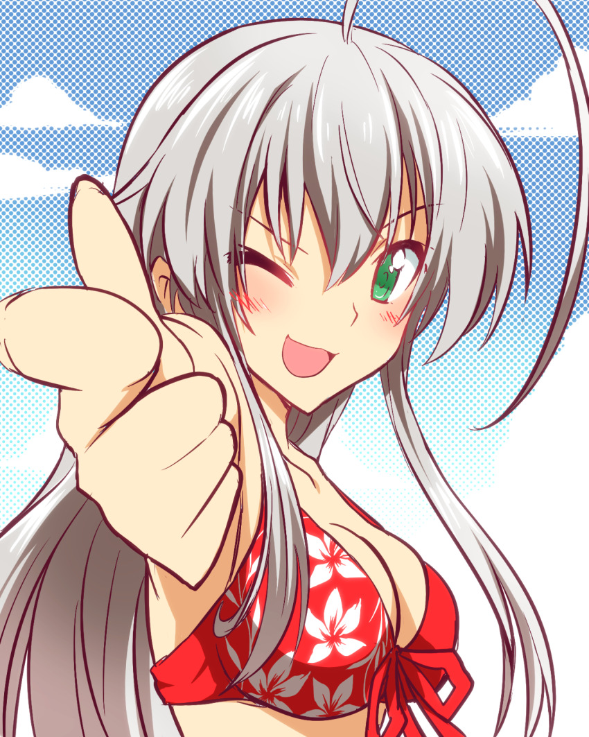 1girl ;d ahoge bikini blush breasts cleavage commentary_request foreshortening front-tie_bikini_top front-tie_top green_eyes grey_hair hair_between_eyes haiyore!_nyaruko-san happy highres huge_ahoge index_finger_raised large_breasts long_hair looking_at_viewer nyarlathotep_(nyaruko-san) one_eye_closed open_mouth pointing pointing_at_viewer polka_dot polka_dot_background red_bikini sidelocks simple_background smile solo spiked_hair swimsuit upper_body v-shaped_eyebrows yuto_(dialique)