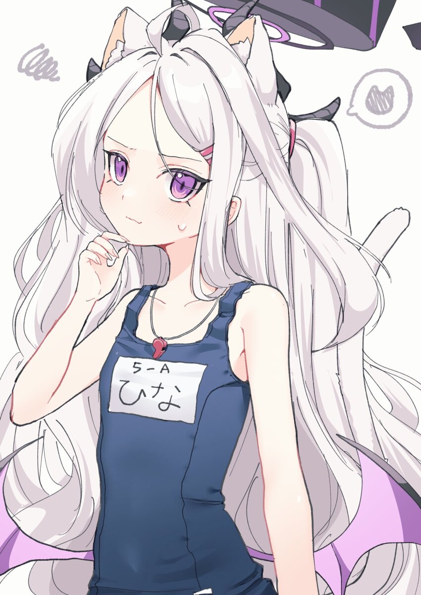 1girl 3: ahoge animal_ear_fluff animal_ears armpits blue_archive cat_ears cat_girl cat_tail collarbone commentary_request demon_girl demon_horns demon_wings extra_ears forehead hair_ornament hairclip halo head_tilt highres hina_(blue_archive) hina_(swimsuit)_(blue_archive) horns kemonomimi_mode long_hair looking_at_viewer name_tag official_alternate_costume official_alternate_hairstyle old_school_swimsuit one_side_up parted_bangs purple_eyes school_swimsuit sentouryoku_5 sidelocks simple_background solo spoken_animal squiggle sweatdrop swimsuit tail wavy_hair whistle whistle_around_neck white_background white_hair wings
