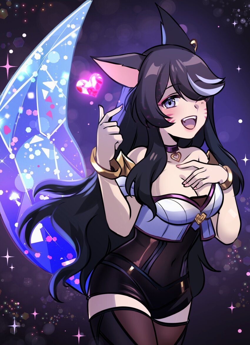 1girl absurdres ahri_(league_of_legends) ahri_(league_of_legends)_(cosplay) animal_ears bare_shoulders black_choker black_hair black_shorts black_thighhighs blue_eyes blue_shirt bracelet breasts choker cleavage commentary cosplay cowboy_shot english_commentary eyeliner facial_mark fox_ears fox_girl fox_tail hand_on_own_chest hand_up heart heart_choker high-waist_shorts highres jewelry k/da_(league_of_legends) k/da_ahri large_breasts league_of_legends long_hair looking_at_viewer makeup one_eye_closed open_mouth original parted_bangs red_eyeliner ryuuxin sadie_(ryuuxin) shirt shorts smile solo tail thighhighs whisker_markings
