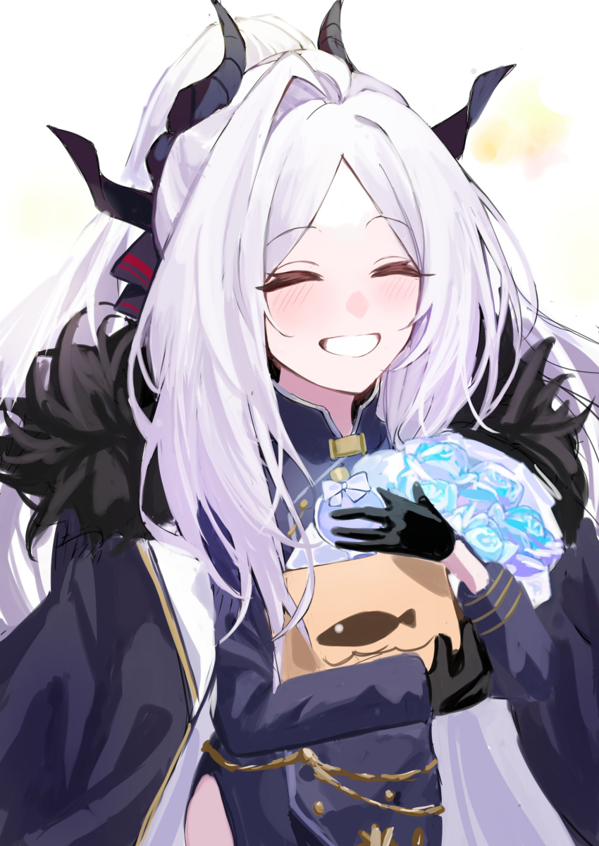 1girl absurdres ahoge black_coat black_gloves black_skirt blue_archive blue_flower blue_rose blush bouquet box coat coat_on_shoulders demon_girl demon_horns flower gloves happy_birthday highres hina_(blue_archive) hirekatsu-kan holding holding_bouquet holding_box horns long_hair looking_at_viewer rose simple_background skirt smile solo white_hair