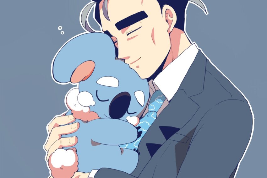 1boy black_hair bubble closed_eyes closed_mouth collared_shirt commentary_request fingernails from_side gen_7_pokemon gomame0130 grey_background holding holding_pokemon jacket komala larry_(pokemon) long_sleeves male_focus necktie nintendo outline pokemon pokemon_(creature) pokemon_sv shirt short_hair smile upper_body white_shirt