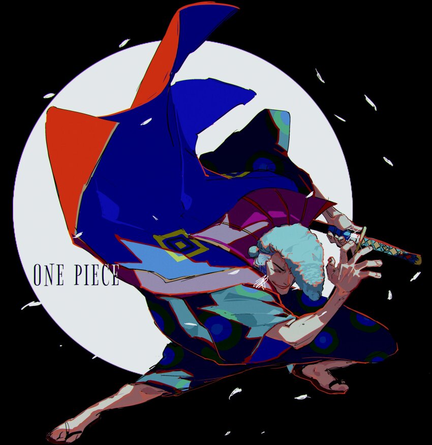 1boy azisaiharumaki56 blue_hair blue_kimono cape circle copyright_name denjirou_(one_piece) full_body highres holding holding_sword holding_weapon incoming_attack japanese_clothes kimono male_focus one_piece petals pompadour sandals smile solo sword weapon wide_sleeves