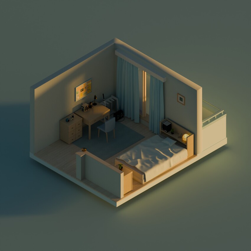 3d assault_rifle bag bed bed_sheet bedroom bicycle black_bag blender_(medium) blue_archive book bulletin_board chair commentary curtains desk desk_lamp drawer evening floorplan flower_pot green_background gun headphones highres isometric lamp no_humans pillow plant potted_plant rifle rumshon0022 school_bag sig_sauer_556 simple_background variant_set weapon