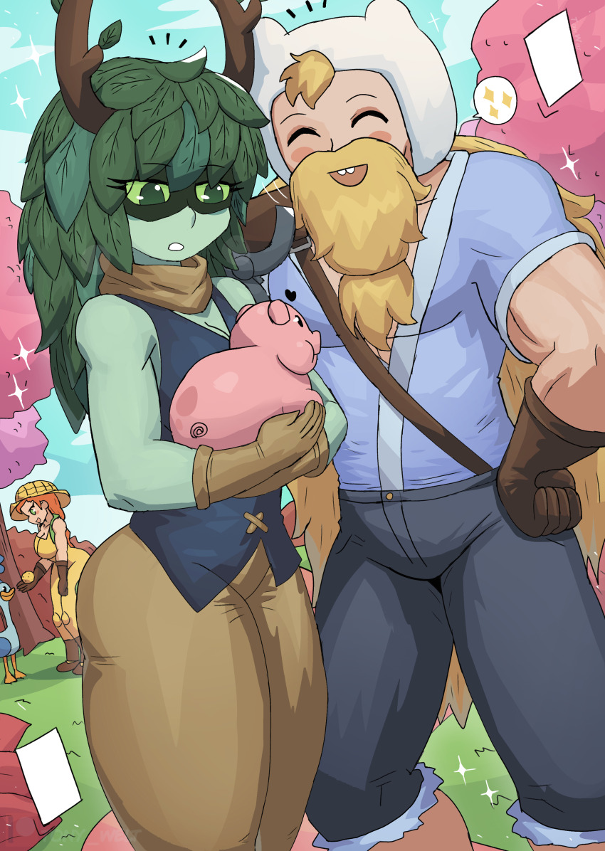 2boys 2girls absurdres adventure_time animal beard bird bird_seed black_pants black_shirt blonde_hair blue_shirt blush boots braid breasts brown_footwear brown_gloves brown_pants buck_teeth cartoon_network cleavage closed_eyes cloud colored_sclera colored_skin corny_(tony_welt) crossover facial_hair farmer finn_the_human food food-themed_clothes gloves grass green_eyes green_hair green_mask green_sclera green_skin hand_on_own_hip hat heart highres holding holding_animal holding_food horns hunter huntress_wizard leaf long_hair looney_tunes mask medium_breasts multiple_boys multiple_girls muscular open_mouth original overalls pants parted_lips personification pig plant_hair red_hair road_runner_(looney_tunes) shirt short_sleeves single_shoulder_pad sky sleeveless sleeveless_shirt smile sparkle speech_bubble spoken_sparkle standing teeth thick_thighs thighs tony_welt tree twin_braids white_hat wide_hips yellow_hat yellow_overalls