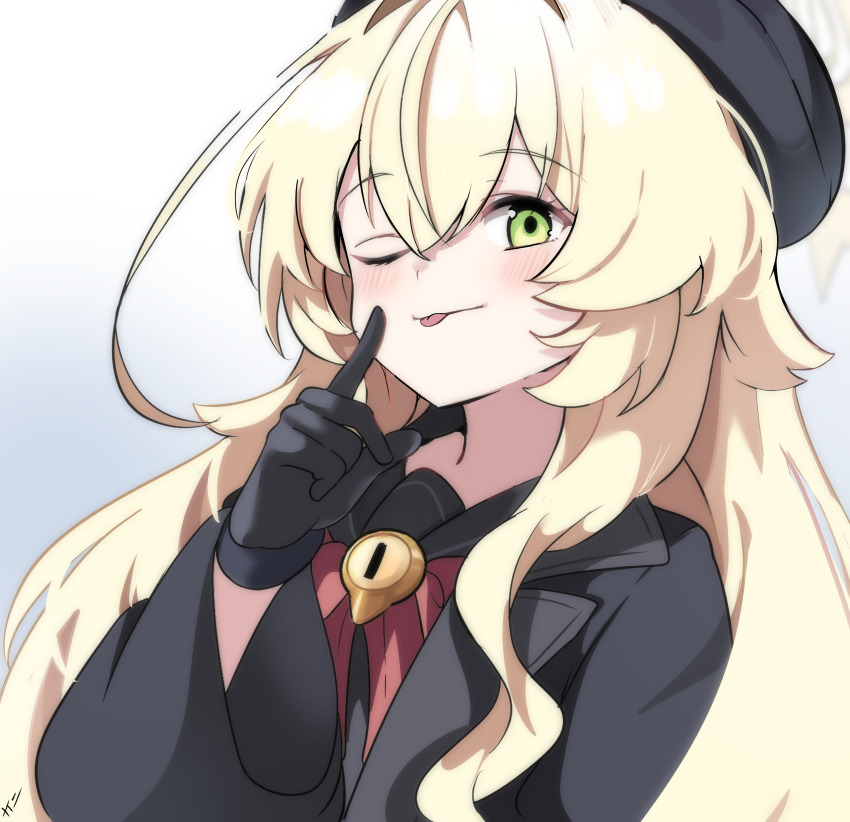 1girl absurdres black_gloves blonde_hair blue_archive gloves green_eyes halo hat highres long_hair one_eye_closed professor_niyaniya_(blue_archive) saabyboi solo tongue tongue_out