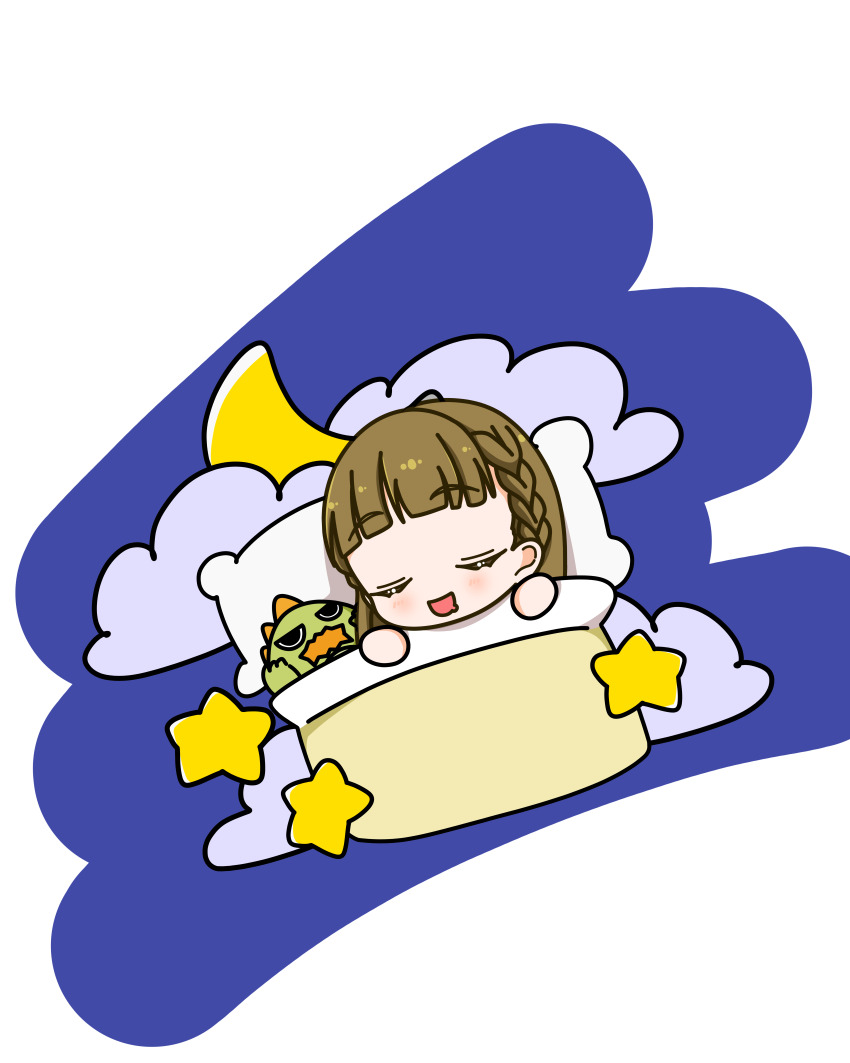 1girl :d absurdres blue_background blush braid brown_hair center-flap_bangs chibi chibi_only closed_eyes cloud commentary crescent drooling gonzales_(love_live!) highres kachimachi_kosuzu kujo_awenn link!_like!_love_live! long_hair love_live! mouth_drool open_mouth side_braids sleeping smile solo star_(symbol) stuffed_animal stuffed_dinosaur stuffed_toy u_u under_covers virtual_youtuber