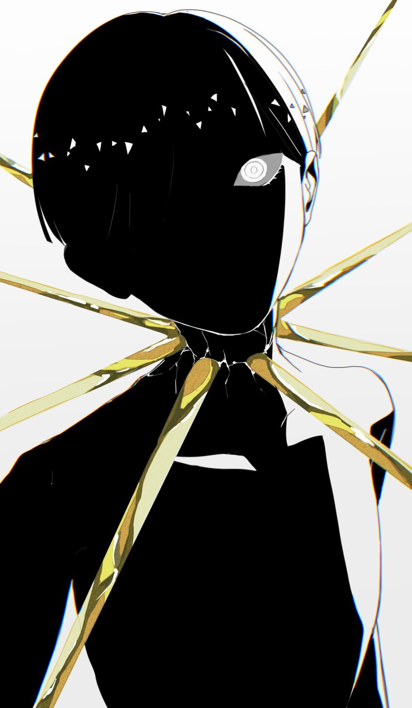 1other collarbone commentary completely_nude crack eyelashes glowing glowing_eye gold greyscale highres houseki_no_kuni injury monochrome mt5_014 nude one-eyed other_focus phosphophyllite phosphophyllite_(ll) ringed_eyes short_hair simple_background spikes spoilers spot_color upper_body white_background