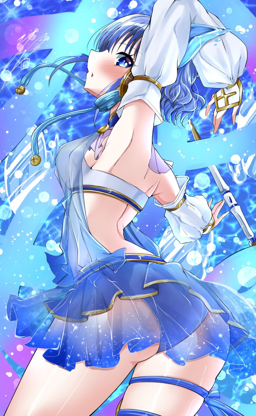 1girl absurdres animal_ears ass ballerina bare_shoulders blue_eyes blue_hair breasts cat_ears cat_girl detached_sleeves duel_monster highres japanese_clothes looking_back ni-ni_the_mirror_mikanko open_mouth see-through_clothes see-through_skirt short_hair skirt solo tail thigh_strap ya-man yu-gi-oh!