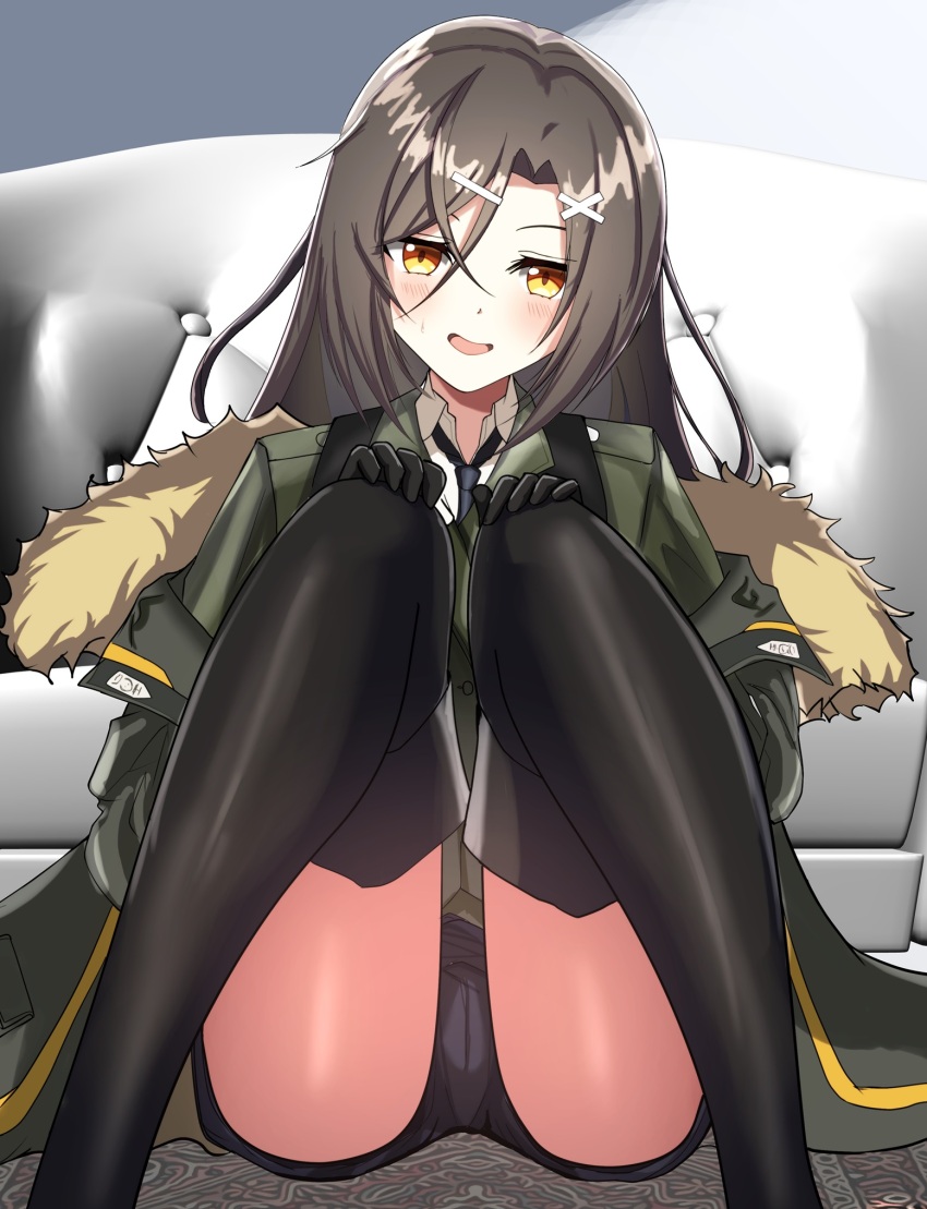 1girl 3d_background black_necktie black_thighhighs blush brown_hair cameltoe christina_brecht commentary counter:side crossed_bangs feet_out_of_frame fur-trimmed_jacket fur_trim hair_ornament hands_on_own_knees highres jacket knees_up long_hair looking_at_viewer necktie off_shoulder open_mouth orange_eyes osunahanko parted_bangs short_shorts shorts sitting solo sweatdrop thighhighs x_hair_ornament
