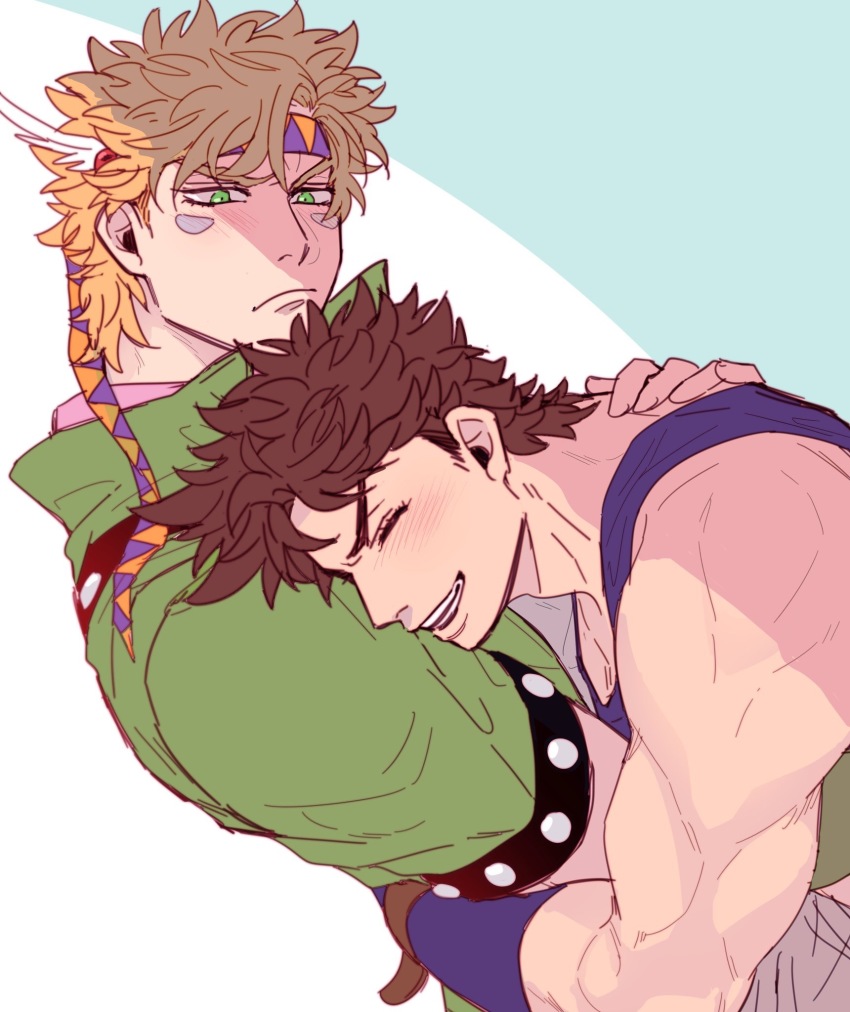 2boys bare_shoulders battle_tendency blonde_hair blue_eyes brown_hair caesar_anthonio_zeppeli facial_mark fingerless_gloves gloves green_eyes green_jacket hat_feather headband highres hug jacket jojo_no_kimyou_na_bouken joseph_joestar joseph_joestar_(young) male_focus multiple_boys sachiko_(rinana239) scarf spiked_hair tank_top triangle_print