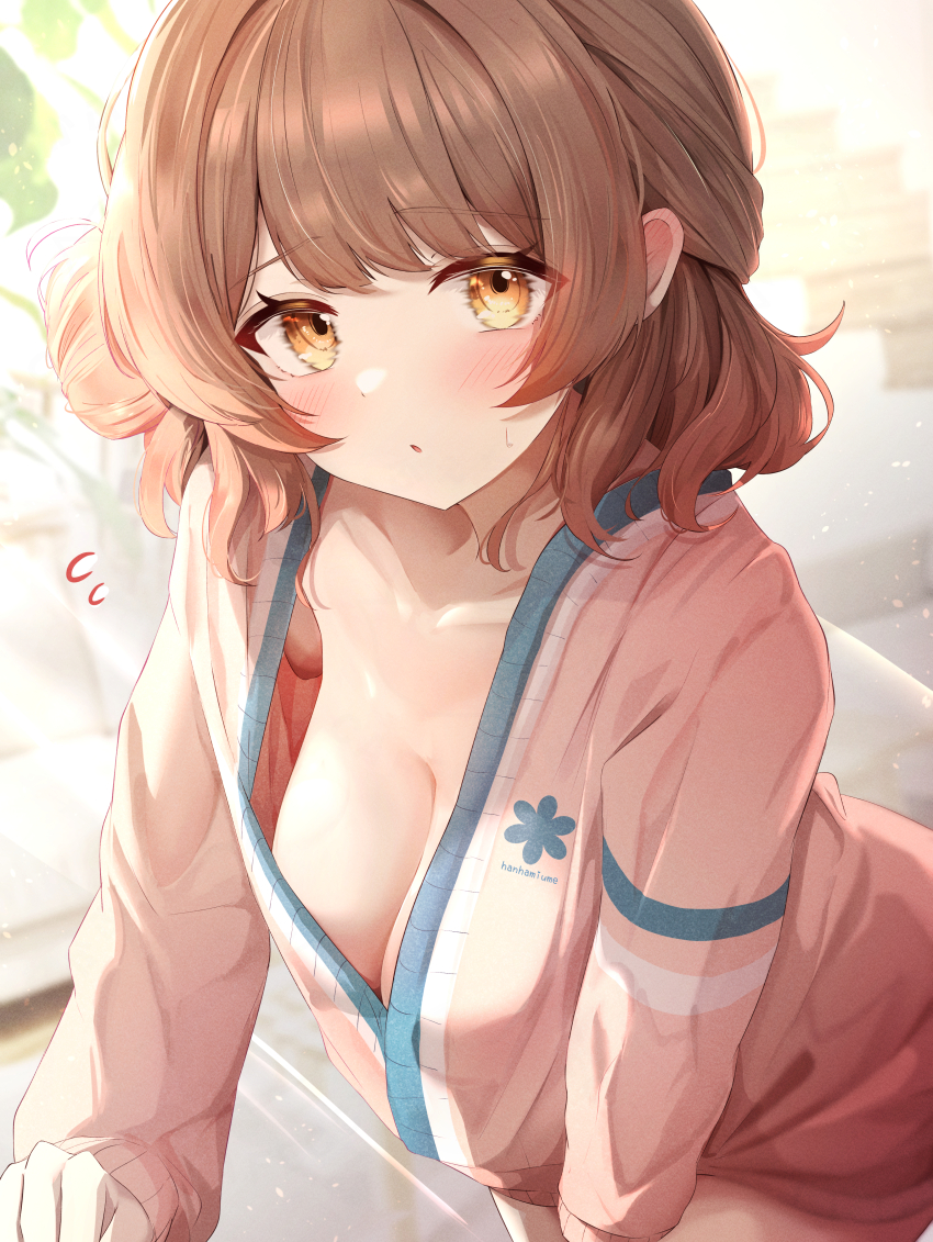 1girl absurdres blush breasts brown_eyes brown_hair cardigan cleavage collarbone commentary_request flying_sweatdrops gakuen_idolmaster hair_bun hanami_ume highres idolmaster large_breasts long_sleeves looking_at_viewer naked_cardigan nipples open_mouth pink_cardigan school_uniform see-through_silhouette short_hair side_up_bun single_hair_bun single_side_bun sky_cappuccino solo
