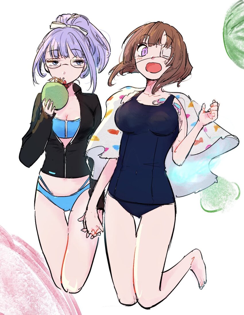 2girls bikini blue_bikini blue_fire brown_hair eyepatch fire glasses heaven_burns_red highres higuchi_seika hiiragi_kozue interlocked_fingers kulfiq medium_hair multiple_girls one-piece_swimsuit one_eye_covered purple_eyes purple_hair school_swimsuit surprised swimsuit yuri
