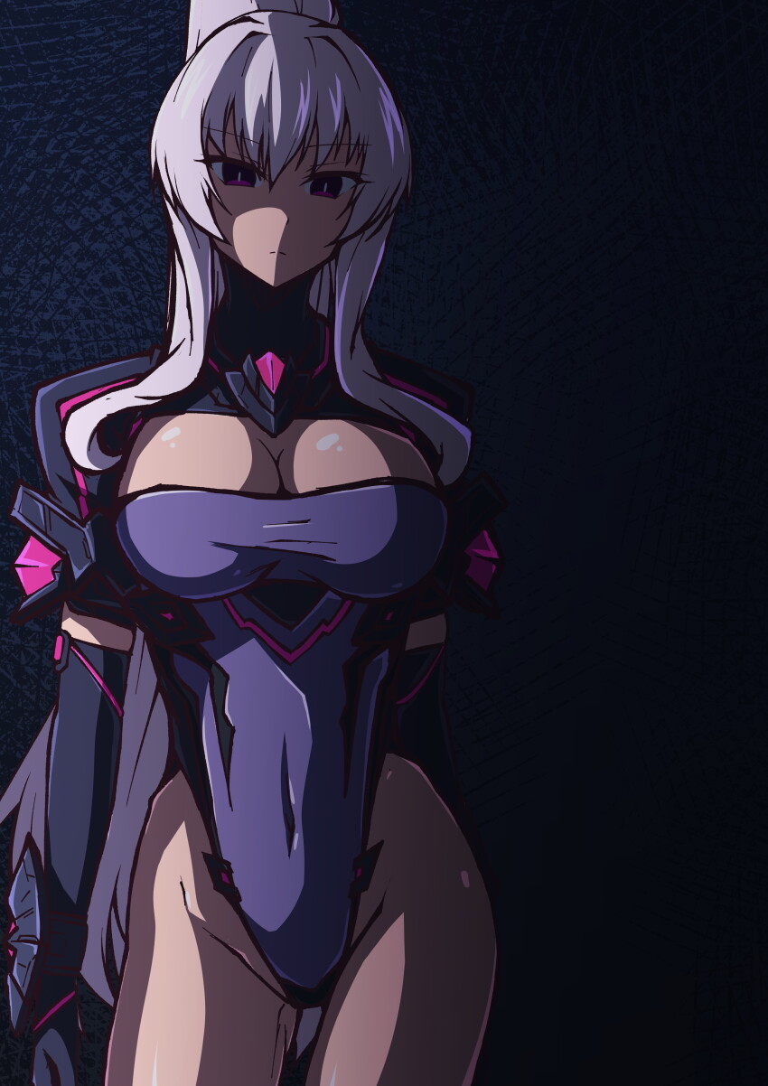 1girl absurdres aoi_tabane black_gloves breasts cleavage cleavage_cutout closed_mouth clothing_cutout corruption covered_navel cowboy_shot dark_persona elbow_gloves empty_eyes expressionless exs-slave gloves gluteal_fold grey_hair highleg highleg_leotard highres kouyoku_senki_exs-tia large_breasts leotard long_hair looking_at_viewer ponytail purple_eyes purple_leotard rieszverne_suzette_paladill solo standing very_long_hair white_hair