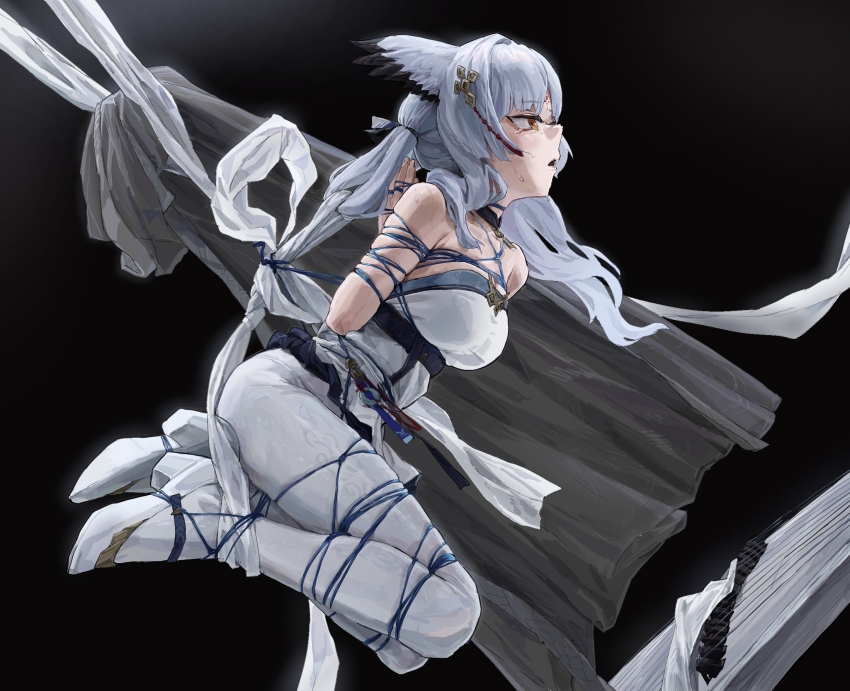 1girl a_tea animal_ears arknights arms_behind_back bdsm bondage bound breasts female_focus hanging highres medium_breasts pantyhose praying ptilopsis_(arknights) restrained reverse_prayer shibari shibari_over_clothes shoes solo white_hair white_pantyhose