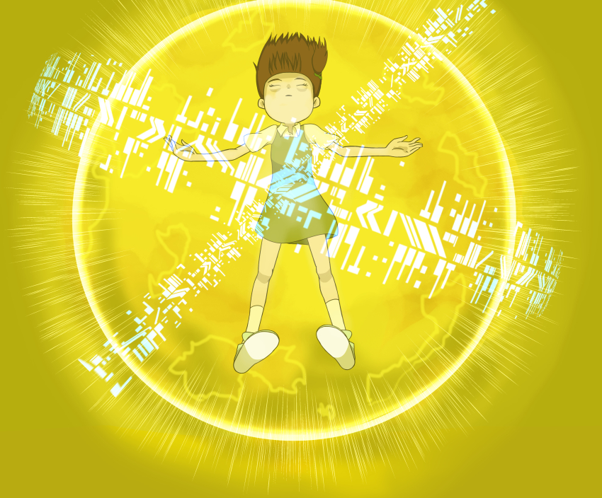 1girl absurdres biomerge brown_hair closed_eyes digimon digimon_tamers dress energy floating floating_hair full_body green_dress henshin highres katou_juri matrix_evolution medium_hair outstretched_arms scrunchie shirt shoes sneakers socks solo transformation yellow_shirt yellow_socks yellow_theme