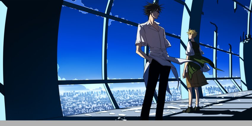 2boys amano_ginji arms_at_sides black_footwear black_hair black_pants blonde_hair blue_sky broken_window brown_pants cigarette city collarbone getbackers hands_in_pockets looking_outside male_focus midou_ban mouth_hold multiple_boys pants serori_(koredemoka) shadow shirt short_sleeves sky smoking spiked_hair white_shirt
