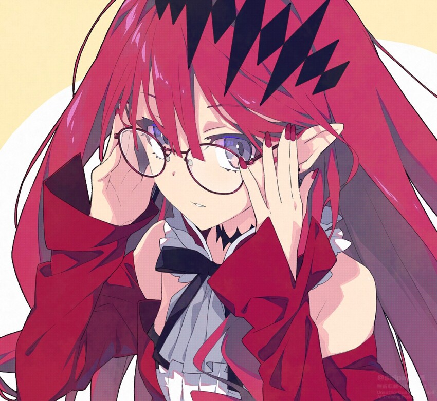 1girl baobhan_sith_(fate) baobhan_sith_(first_ascension)_(fate) bare_shoulders breasts center_frills detached_collar detached_sleeves dress earrings fate/grand_order fate_(series) frills glasses grey_eyes jewelry large_breasts long_hair looking_at_viewer pink_hair pointy_ears red_dress round_eyewear saipaco sidelocks solo tiara