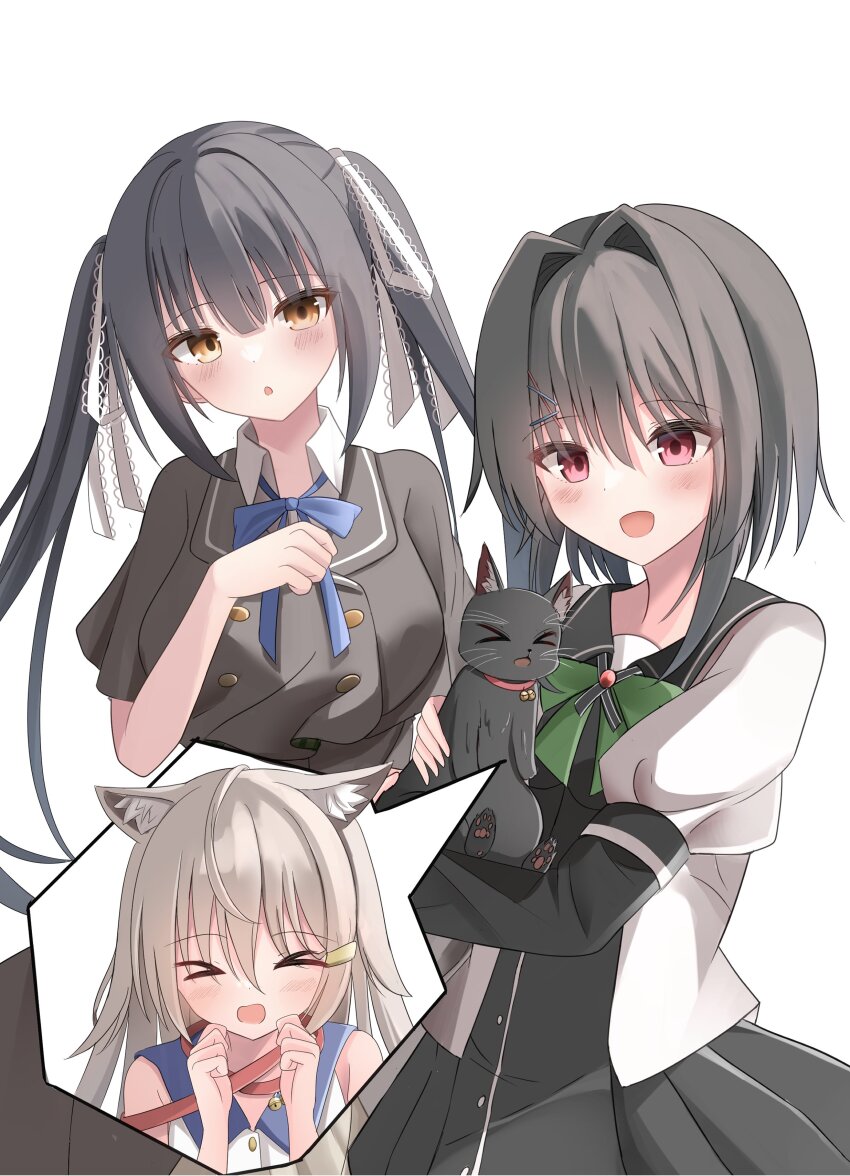 &gt;_&lt; 3girls 9-nine- :d :o absurdres animal animal_ear_fluff animal_ears animal_hands bell black_cat black_dress black_hair blue_bow blue_bowtie blush bow bowtie brown_eyes buttons cat cat_ears cat_girl clenched_hands commentary cowboy_shot crossover double-breasted dress eyes_visible_through_hair green_bow green_bowtie grey_hair hair_between_eyes hair_intakes hair_ornament hair_ribbon hairclip hand_up happy highres holding holding_animal holding_cat honma_misuzu jingle_bell juliet_sleeves kuro_(sakura_moyu) lace lace-trimmed_ribbon lace_trim long_hair long_sleeves multiple_crossover multiple_girls neck_bell open_mouth puffy_sleeves red_eyes ribbon sakura_moyu sakura_no_toki sakura_no_uta school_uniform short_hair_with_long_locks simple_background smile speech_bubble spoken_character takagi-18102817 twintails very_long_hair white_background white_ribbon yuuki_noa