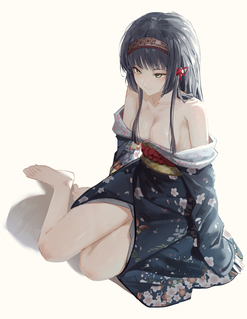 1542_700 1girl absurdres bare_shoulders barefoot bishoujo_mangekyou_(series) black_hair black_headband black_kimono blunt_bangs breasts closed_mouth collarbone floral_print floral_print_kimono full_body green_eyes headband highres hime_cut japanese_clothes kimono light_smile long_hair looking_ahead off_shoulder print_headband print_kimono renge_(bishoujo_mangekyou) sidelocks simple_background sitting sleeves_past_wrists small_breasts solo straight_hair white_background yokozuwari