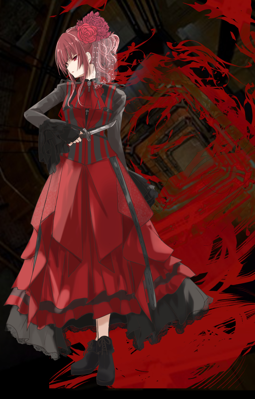 1girl absurdres ankle_boots ann_(tsukiyo_joou_ni_warae) arm_behind_back ascot black_background black_boots black_gloves black_shirt black_skirt black_vest blunt_bangs blurry blurry_background boots brown_hair closed_mouth commentary_request cross cross_necklace dagger fingerless_gloves flower frilled_sleeves frills full_body gloves hair_flower hair_ornament hand_up highres holding holding_dagger holding_knife holding_weapon jewelry knife lace lace-trimmed_skirt lace_trim layered_skirt long_skirt long_sleeves looking_ahead looking_to_the_side necklace pink_flower ponytail red_ascot red_background red_eyes red_flower red_rose red_vest rose shirt short_hair_with_long_locks sidelocks skirt solo standing tsukiyo_joou_ni_warae two-tone_skirt two-tone_vest urutsu_sahari v-shaped_eyebrows vest wavy_hair weapon wide_sleeves