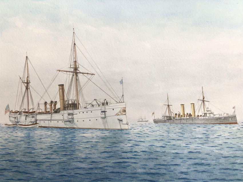 american_flag atelier_bono cannon flag highres hms_aeolus_(1891) ironclad mast military_vehicle no_humans ocean original painting_(medium) ship sky smokestack traditional_media united_states_navy uss_machias_(pg-5) vehicle_focus warship watercolor_(medium) watercraft