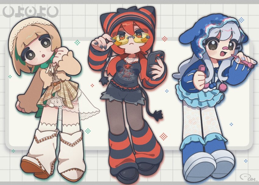 064mn 3girls :&lt; :d :o adjusting_eyewear animal_hat arm_warmers bandaid bandaid_on_face bandaid_on_nose beanie belt black_belt black_camisole black_eyes black_pantyhose black_shoes black_shorts blue_hair blue_hat blue_jacket blue_skirt blue_socks bobby_socks bow bowtie brown_cardigan brown_hair brown_skirt bubble_pipe camisole cardigan cat_hat cat_tail closed_mouth commentary_request deformed full_body gen_7_pokemon glasses green_bow green_bowtie green_hair grey_background grid_background hair_over_shoulder halftone hand_up hat head_tilt highres holding holding_phone jacket jewelry kneehighs lace lace-trimmed_shirt lace_pantyhose lace_trim layered_skirt leg_warmers litten long_hair long_sleeves looking_at_viewer low_twintails medium_hair multicolored_hair multiple_girls necklace nintendo open_mouth pantyhose personification phone plaid_clothes plaid_skirt pokemon pom_pom_(clothes) popplio print_shirt red_eyes red_hair rowlet see-through_skirt_layer shirt shoes shorts skirt smile socks standing starter_pokemon_trio striped_arm_warmers striped_hat striped_leg_warmers tail tinted_eyewear twintails two-sided_fabric two-sided_skirt veil white_leg_warmers white_pantyhose white_shirt white_shoes white_socks white_veil yellow-tinted_eyewear