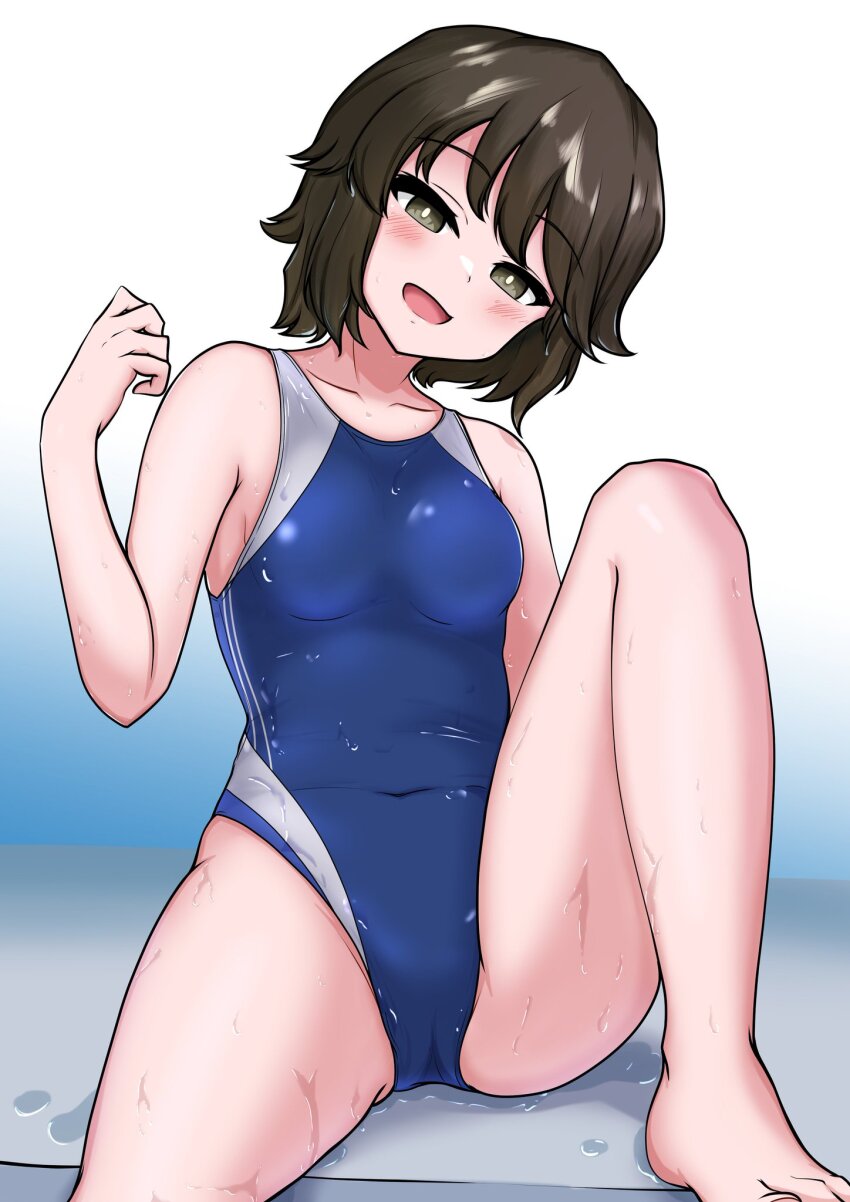 1girl alternate_costume bare_legs blue_background blue_one-piece_swimsuit blush breasts brown_eyes brown_hair collarbone commentary_request competition_swimsuit covered_navel dripping feet foot_out_of_frame gradient_background highres kantai_collection knee_up looking_at_viewer medium_breasts medium_hair miyuki_(kancolle) one-piece_swimsuit open_mouth puddle sitting smile solo swimsuit tokiwa_senkei water wet white_background