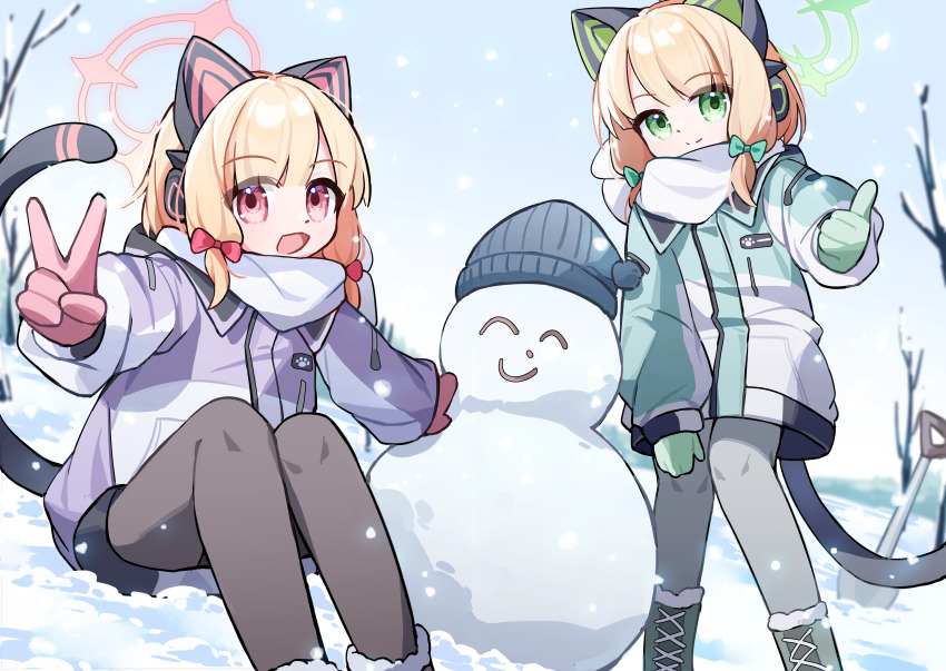 2girls :d absurdres animal_ear_headphones animal_ears aqua_coat bare_tree beanie black_pantyhose blonde_hair blue_archive blue_hat boots bow cat_ear_headphones cat_tail character_snowman chinese_commentary closed_mouth coat commentary_request day doodle_sensei_(blue_archive) dot_nose eyes_visible_through_hair fake_animal_ears fake_tail feet_out_of_frame fur-trimmed_boots fur_trim gloves green_bow green_eyes green_gloves green_halo grey_boots grey_pantyhose hair_bow halo hand_on_own_knee hat headphones highres hood hood_down hooded_coat knees_together_feet_apart knees_up lace-up_boots legs_together long_sleeves looking_at_viewer low-tied_sidelocks medium_hair midori_(blue_archive) midori_(winter)_(blue_archive) mogu_kinoko momoi_(blue_archive) momoi_(winter)_(blue_archive) multicolored_coat multiple_girls official_alternate_costume on_ground open_mouth outdoors outstretched_arm outstretched_arms pantyhose pink_eyes pink_gloves pink_halo planted planted_shovel pom_pom_(clothes) pom_pom_beanie puffy_long_sleeves puffy_sleeves purple_coat raised_eyebrows red_bow scarf scarf_bow sensei_(blue_archive) shovel siblings sidelocks sisters sitting sky smile snow snowing snowman standing tail tail_raised thumbs_up tree twins v white_scarf winter winter_clothes winter_coat zipper zipper_pull_tab
