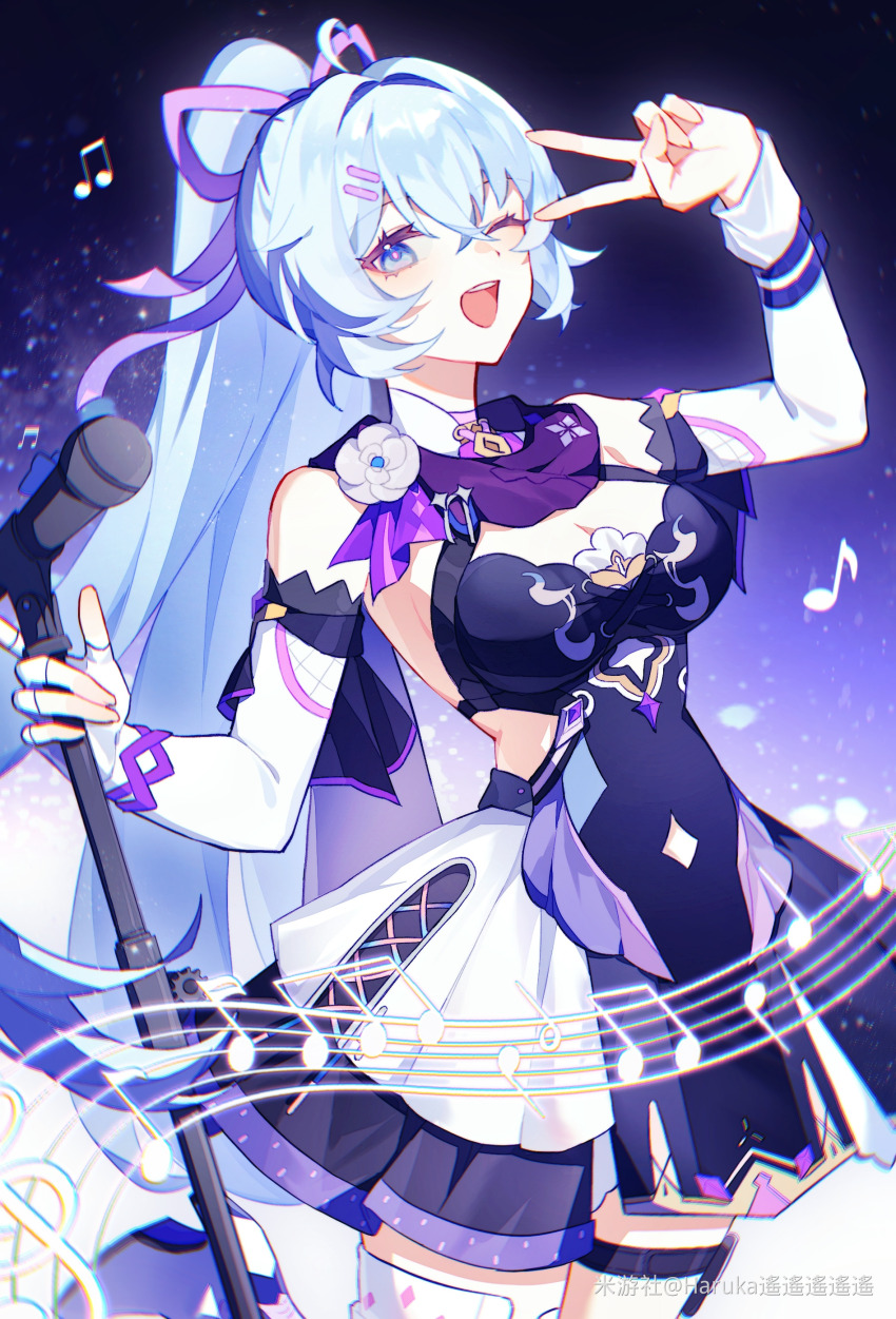 1girl ;o absurdres blue_dress blue_eyes blue_hair breasts chinese_commentary commentary_request dress elbow_gloves fingerless_gloves gloves haruka_(rsyaooooo) highres holding holding_microphone_stand honkai_(series) honkai_impact_3rd large_breasts long_hair microphone_stand miyoushe_watermark musical_note official_alternate_costume one_eye_closed ponytail shigure_kira solo thigh_strap thighs v v_over_eye watermark white_gloves
