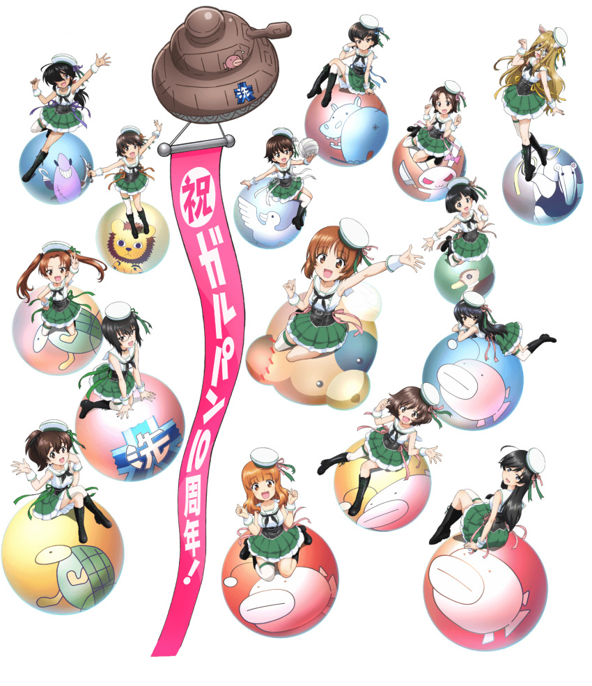6+girls ahoge akiyama_yukari anglerfish animal_ears anniversary anteater arm_support arm_up ball bird black_bow black_eyes black_footwear black_hair black_neckerchief blunt_bangs blunt_ends bob_cut boko_(girls_und_panzer) boots bow brown_eyes brown_hair caesar_(girls_und_panzer) cat_ears clenched_hand coke-bottle_glasses commentary_request crossed_legs duck elbow_on_knee emblem fake_animal_ears fish girls_und_panzer glasses green_skirt hair_between_eyes hair_bow hair_over_one_eye hairband hand_on_own_face hand_on_own_hip hanging_scroll hat highres hippopotamus holding holding_ball holding_wrench isobe_noriko isuzu_hana kadotani_anzu kawashima_momo kneeling koyama_yuzu lace-up_boots leaning_forward leg_up leopon_(animal) long_hair looking_at_viewer looking_back lying medium_hair messy_hair military military_vehicle miniskirt monocle motor_vehicle multiple_girls nakajima_(girls_und_panzer) neckerchief nekonyaa_(girls_und_panzer) nishizumi_miho official_art ogin_(girls_und_panzer) on_stomach ooarai_(emblem) open_mouth orange_eyes orange_hair outstretched_arms panzer_iv parted_bangs partial_commentary paw_pose pleated_skirt ponytail rabbit red_bow reizei_mako round_eyewear sailor_collar sailor_hat sawa_azusa scroll semi-rimless_eyewear shark shirt short_hair simple_background single_thighhigh sitting skirt sleeveless sleeveless_shirt smile sono_midoriko spread_arms standing takebe_saori tank thighhighs tilted_headwear translated transparent_background turtle twintails under-rim_eyewear v very_long_hair volleyball volleyball_(object) w_arms wariza waving white_hairband white_headwear white_sailor_collar white_shirt white_thighhighs wrench wrist_cuffs