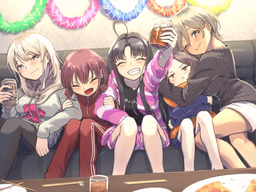 5girls ahoge asahi_breweries awa_subaru ayataka_syumimi beer_can black_pants black_shirt black_sweater blue_shirt blush brand_name_imitation breasts brown_eyes brown_hair can cheek_squash clenched_teeth closed_eyes closed_mouth commentary cup drink_can earclip ebizuka_tomo girls_band_cry grey_eyes grey_hair grey_hoodie hair_between_eyes highres holding holding_can holding_cup hood hoodie hug hugging_object iseri_nina jacket kawaragi_momoka large_breasts long_hair long_hair_between_eyes long_sleeves low_twintails lower_teeth_only mole mole_under_eye multicolored_hair multiple_girls open_mouth pants parted_bangs pillow pillow_hug purple_jacket purple_shorts red_eyes red_jacket red_pants roots_(hair) rupa_(girls_band_cry) shirt short_hair short_twintails shorts sitting striped_clothes striped_jacket striped_shorts sweater teeth textless_version togenashi_togeari twintails white_shirt yuri