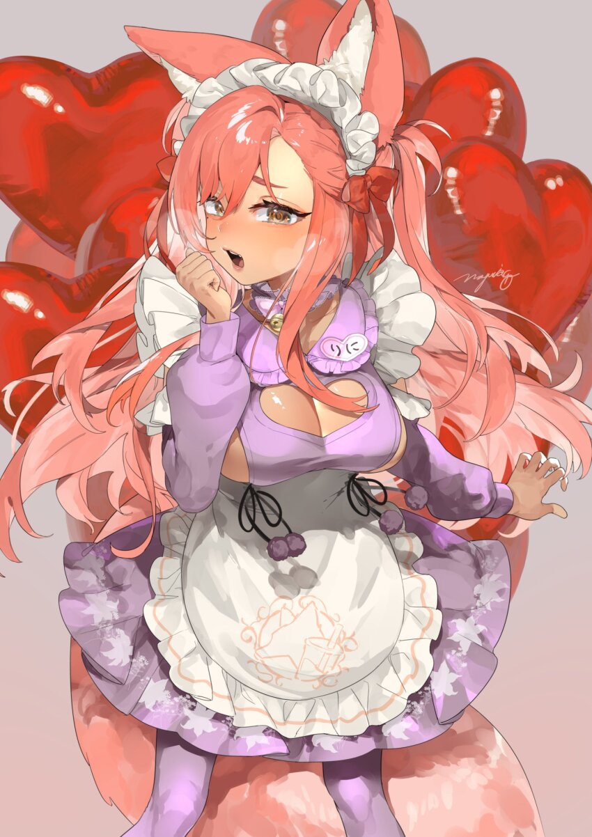 1girl animal_ears apron balloon blush bow breasts cleavage cleavage_cutout clothing_cutout commentary_request commission dress hair_bow hair_ornament hand_up heart_balloon heart_cutout highres large_breasts long_hair long_sleeves looking_at_viewer mayuri_kaichou open_mouth orange_eyes original pink_hair purple_dress purple_thighhighs red_bow skeb_commission solo thighhighs two_side_up white_apron