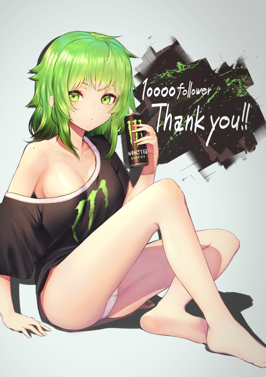 1girl absurdres arm_support bare_legs barefoot black_shirt breasts cleavage closed_mouth collarbone commentary_request female_focus green_eyes green_hair grey_background highres holding itaco knee_up logo long_hair looking_at_viewer medium_breasts mole monster_energy monster_energy-chan no_bra no_pants off_shoulder original oversized_clothes panties pantyshot product_girl shadow shirt short_sleeves sidelocks simple_background single_bare_shoulder sitting solo t-shirt thank_you underwear white_panties