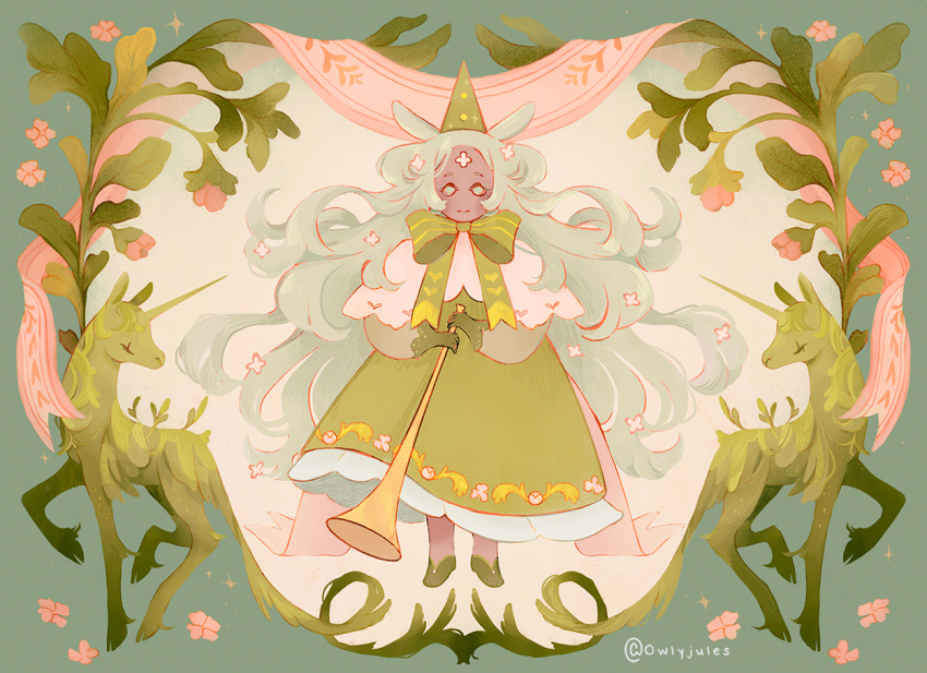 1girl animal artist_name bow commentary creature dress english_commentary flower full_body golden_trumpet green_background green_dress green_eyes green_hair green_shoes green_theme holding holding_instrument holding_trumpet horse instrument long_hair original owlyjules plant pointy_hat procreate_(medium) shoes signature trumpet very_long_hair