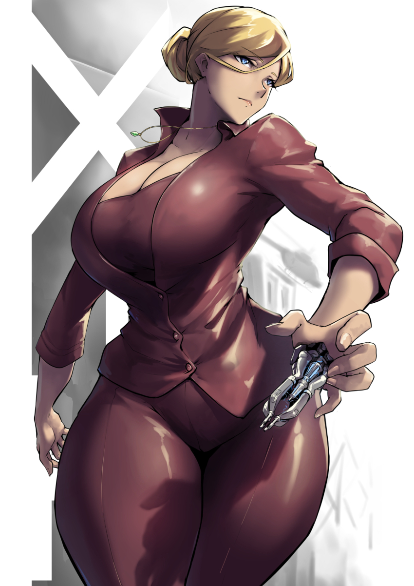 1girl android blonde_hair blue_eyes braid breasts cleavage collarbone cowboy_shot formal_clothes highres jacket jewelry kristanna_loken large_breasts mechanical_arms necklace packge ponytail red_jacket red_shirt red_suit robot shirt skirt solo suit t-x terminator_(series) terminator_3:_rise_of_the_machines thick_thighs thighs wide_hips