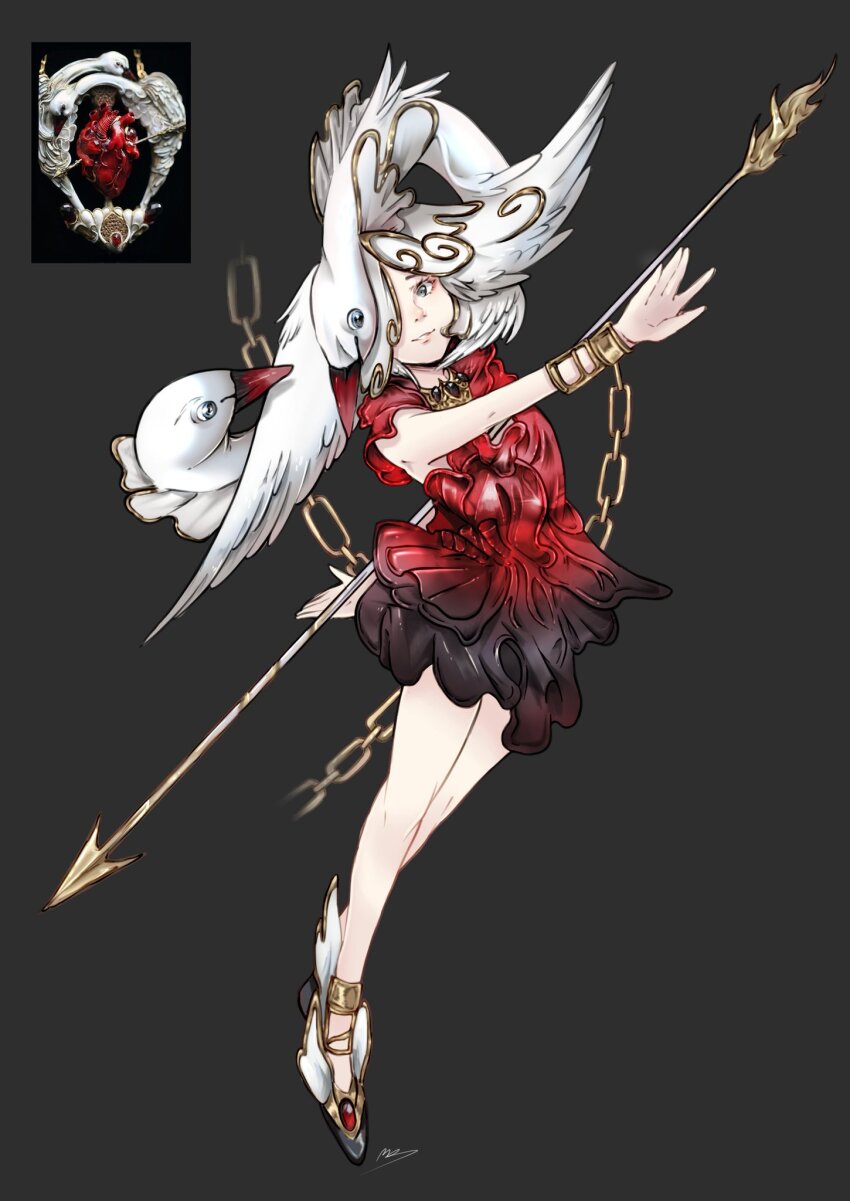 1girl animal animal_on_head bad_id bad_twitter_id bare_legs bare_shoulders bird black_dress black_gemstone chain closed_mouth commentary cuffs dress eyelashes flower_dress full_body gem gold_chain gold_footwear gold_necklace gradient_clothes gradient_dress grey_background grey_eyes high_heels highres holding holding_behind_back holding_polearm holding_weapon holding_weapon_behind_back jewelry lips looking_at_viewer luo_qiangwei necklace on_head one_eye_closed original personification polearm red_dress reference_inset shackles signature simple_background sleeveless sleeveless_dress smile solo swan symbol-only_commentary weapon