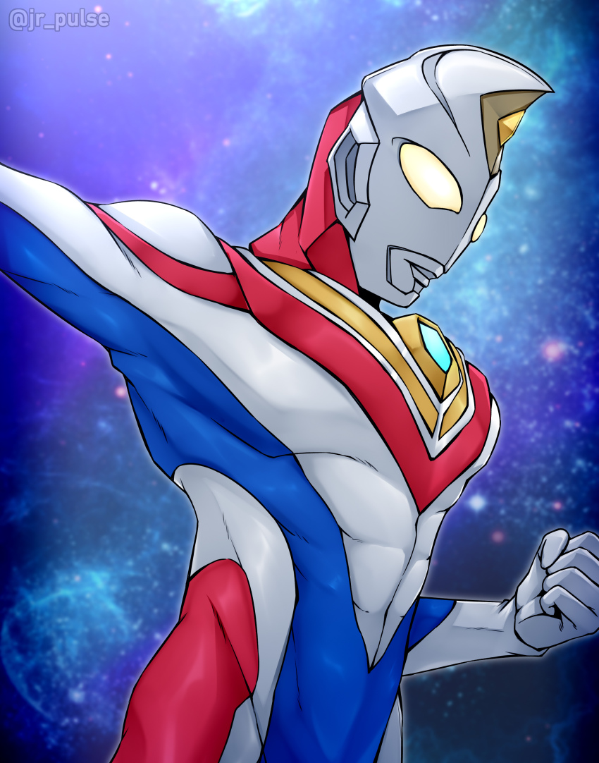 1boy abs absurdres alien arm_out_of_frame arm_up armor blue_skin breastplate clenched_hand color_timer colored_skin commentary compound_eyes dorsal_fin flash_type_(ultra_series) forehead_jewel galaxy_background glowing glowing_eyes highres jrpulse looking_down male_focus multicolored_skin muscular muscular_male outstretched_arm pectorals red_skin silver_skin solo space star_(sky) tokusatsu twitter_username ultra_series ultraman_dyna ultraman_dyna_(flash_type) ultraman_dyna_(series) upper_body yellow_eyes