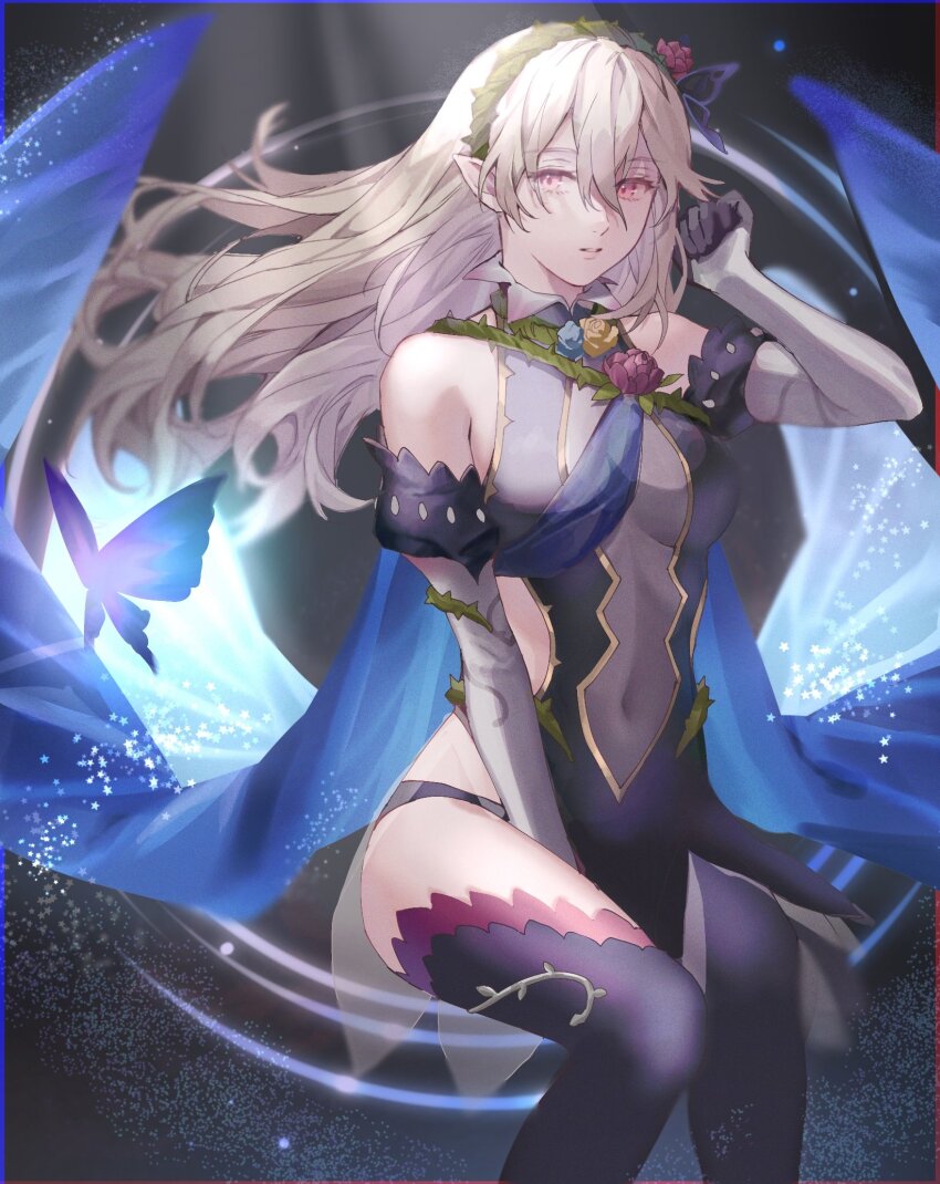 1girl ai_tkkm bare_shoulders between_legs black_background black_dress black_gloves black_panties black_thighhighs blue_butterfly blue_cape blue_flower blue_sash blurry bug butterfly butterfly_hair_ornament cape clothing_cutout female_corrin_(fire_emblem) female_corrin_(resplendent)_(fire_emblem) covered_navel depth_of_field detached_sleeves dress fire_emblem fire_emblem_fates fire_emblem_heroes flower gloves gold_trim grey_hair grey_sleeves hair_flower hair_ornament hair_vines hairband hand_between_legs hand_up highres insect juliet_sleeves light_particles long_hair long_sleeves looking_at_animal looking_to_the_side nintendo official_alternate_costume panties panty_straps parted_lips pink_eyes pink_flower plant pointy_ears puffy_sleeves sash see-through_clothes see-through_cutout short_dress shoulder_sash side_cutout sitting solo star_(symbol) thighhighs turtleneck turtleneck_dress underwear vines wind yellow_flower