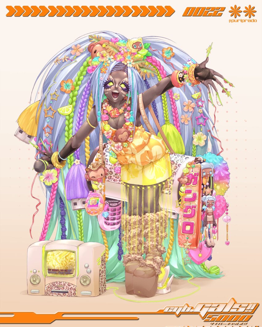 1girl bag bag_charm big_hair blue_hair boots bracelet braid breasts brown_footwear cellphone character_doll charm_(object) cleavage commentary corrupted_twitter_file dark-skinned_female dark_skin decoden english_commentary eyelashes floral_print flower flower_necklace full_body fur-trimmed_boots fur_trim ganguro green_eyes green_nails gyaru hair_extensions hair_flower hair_ornament head_wreath heart hibiscus highres holding holding_microphone jewelry karaoke large_breasts lei lips long_hair makeup manba_gyaru microphone monkey nail_polish necklace open_mouth orange_tank_top original outstretched_arms phone print_tank_top puri_prado skirt smile standing tamagotchi tamagotchi_(virtual_pet) tamagotchi_connection tank_top translation_request usb very_dark_skin very_long_fingernails very_long_hair y2k_fashion yamanba_(gyaru) yellow_skirt