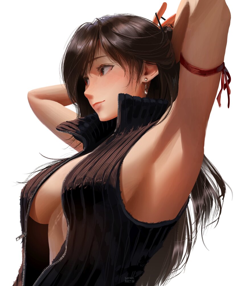 1girl absurdres arm_ribbon armpits arms_behind_head arms_up black_hair black_shirt breasts center_opening cleavage closed_mouth cloud_strife cloud_strife_(cosplay) commentary cosplay earrings english_commentary final_fantasy final_fantasy_vii final_fantasy_vii_advent_children highres jewelry large_breasts light_blush light_smile lips long_hair no_bra paid_reward_available popped_collar red_eyes red_ribbon ribbed_shirt ribbon safaia scar shirt sideboob single_earring sleeveless sleeveless_shirt smile solo tifa_lockhart tying_hair unzipped upper_body white_background